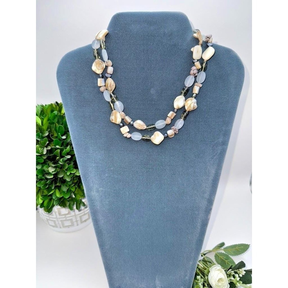 Double Strand Shell Stone Glass Bead Vtg Necklace Mother of Pearl Boho Statement